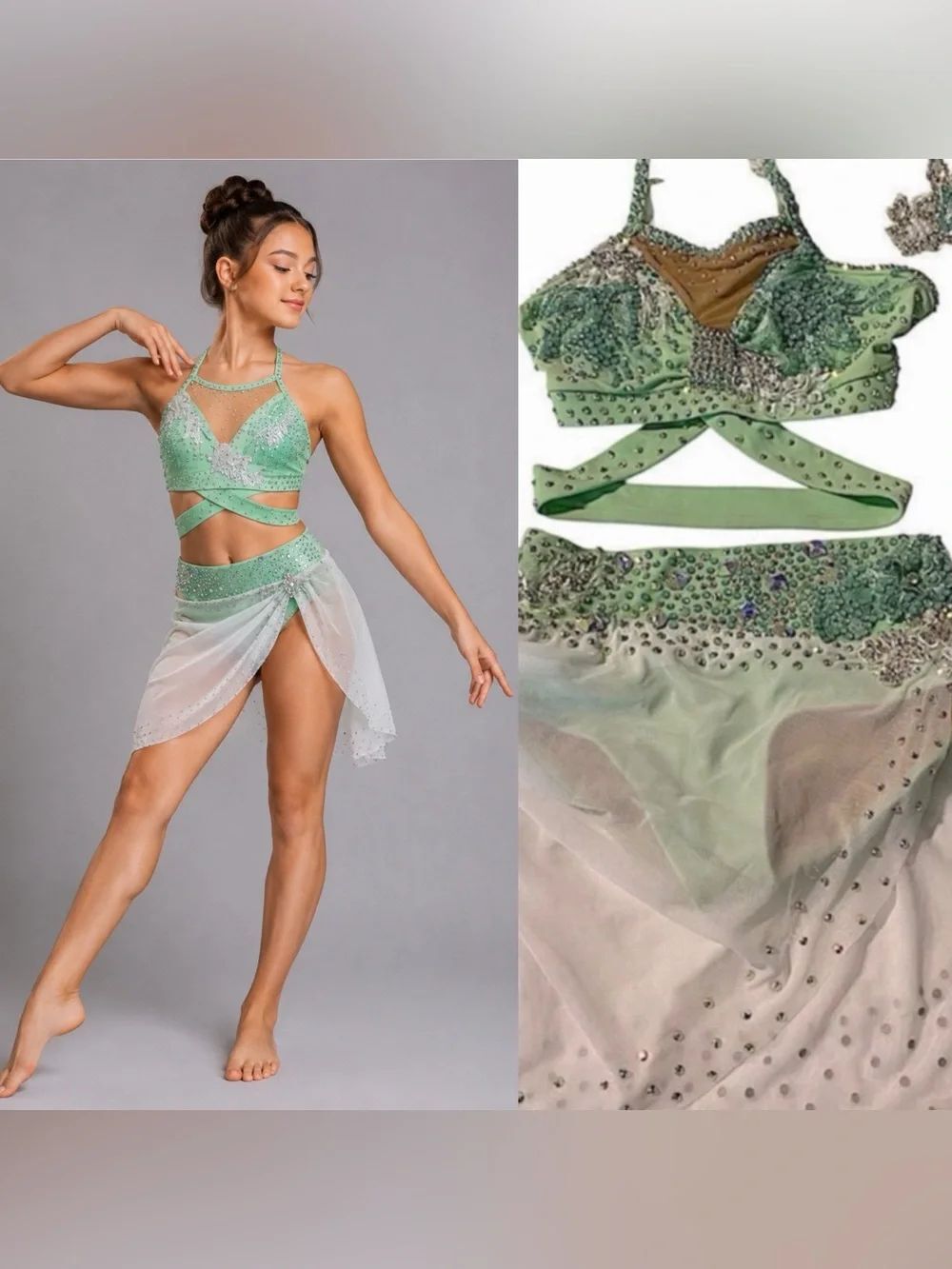 Solo custom dance costume 2 piece mint green bling lyrical contemporary LC child
